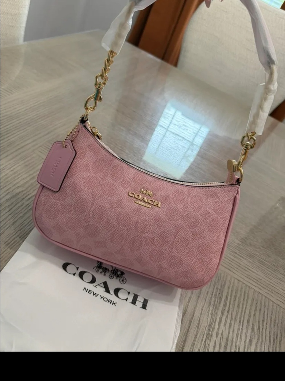 COACH Pink Signature Mini Shoulder Bag with Gold Hardware